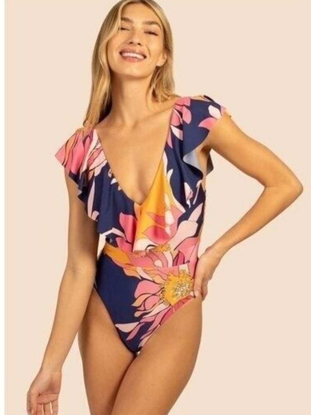 Trina Turk Breeze Ruffle One Piece Swimsuit  12 V-Neck Plunge Tropical NEW